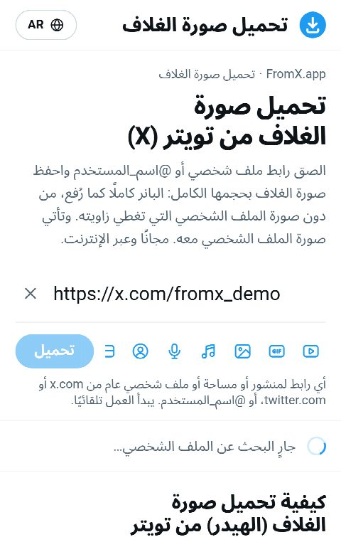 رابط الملف الشخصي ملصوق في حقل FromX.app أثناء البحث عن الملف
