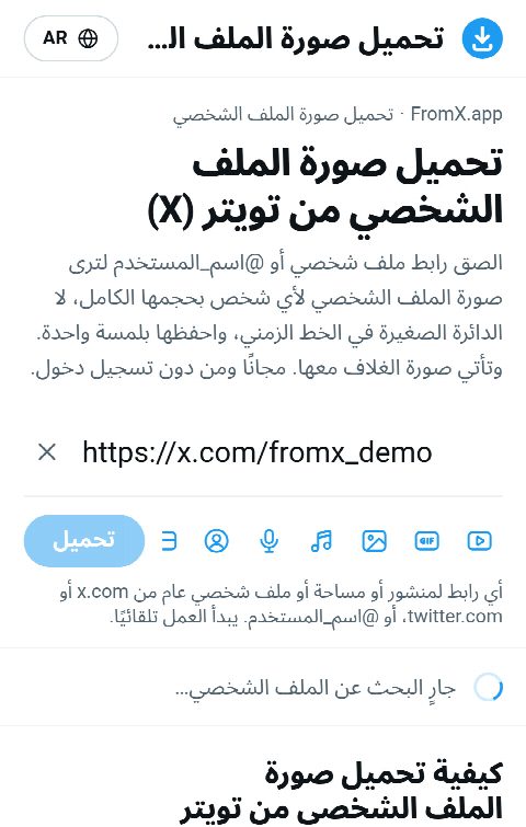 رابط الملف الشخصي ملصوق في حقل FromX.app أثناء البحث عن الملف