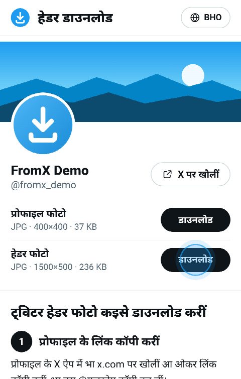 FromX.app पर प्रोफाइल कार्ड, ऊपर हेडर फोटो आ ओकरा खातिर “डाउनलोड” बटन