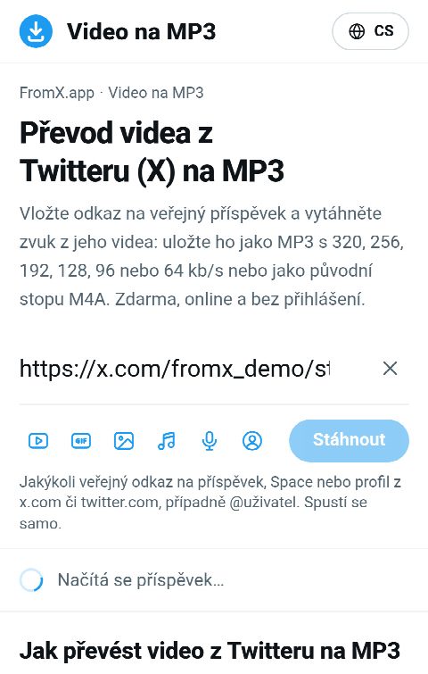Odkaz na příspěvek vložený do pole na FromX.app během vyhledávání zvuku