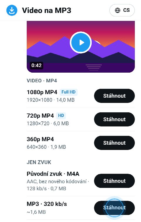 Zvuk videa na FromX.app jako původní M4A a jako MP3 s 320 kb/s