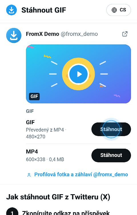 Karta GIFu na FromX.app s tlačítky pro animovaný GIF a MP4