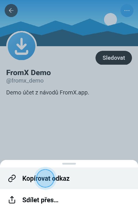 Profil na X s otevřenou nabídkou a vybranou možností „Kopírovat odkaz“