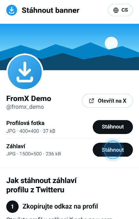 Karta profilu na FromX.app se záhlavím nahoře a tlačítkem „Stáhnout“ pro něj