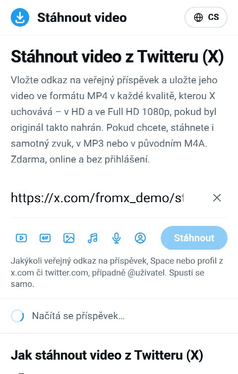 Odkaz na příspěvek vložený do pole na FromX.app během vyhledávání videa