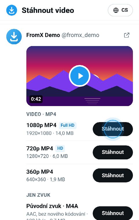 Karta videa na FromX.app s tlačítky MP4 v rozlišení 1080p, 720p a 360p