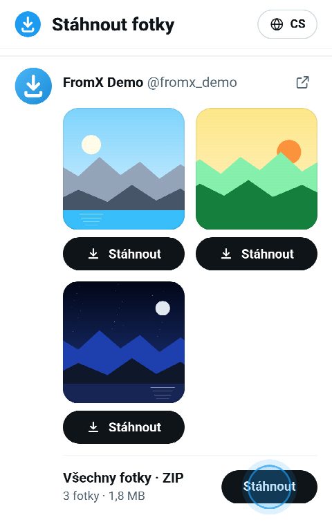 Tři fotky na FromX.app, každá s tlačítkem „Stáhnout“, a ZIP se všemi
