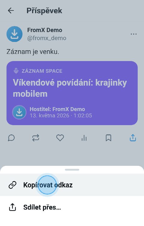 Nahraný Space na X s otevřenou nabídkou sdílení a vybranou možností „Kopírovat odkaz“