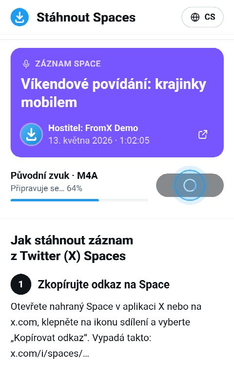 Karta Space na FromX.app během skládání záznamu, lišta na 64 %