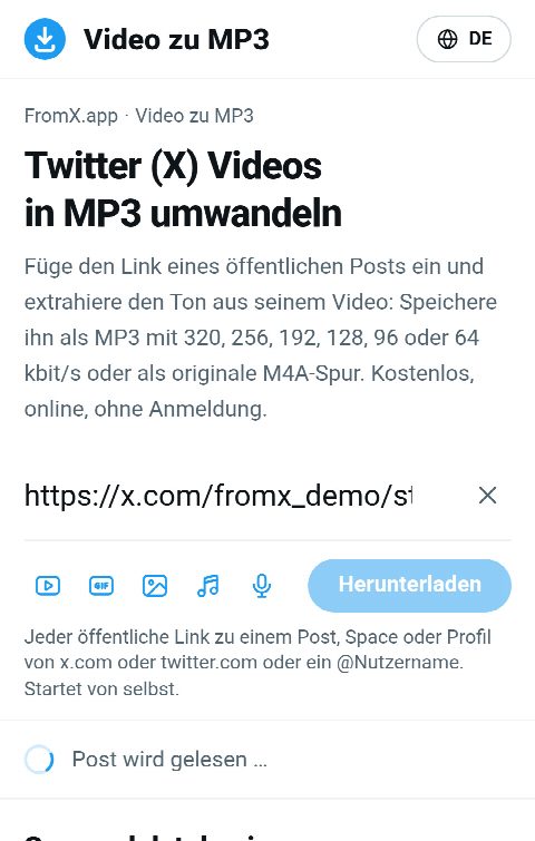 Der Link zum Post im Feld auf FromX.app, während der Ton gesucht wird