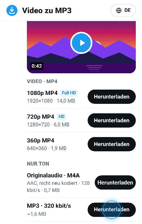 Der Ton des Videos auf FromX.app als originale M4A und als MP3 mit 320 kbit/s