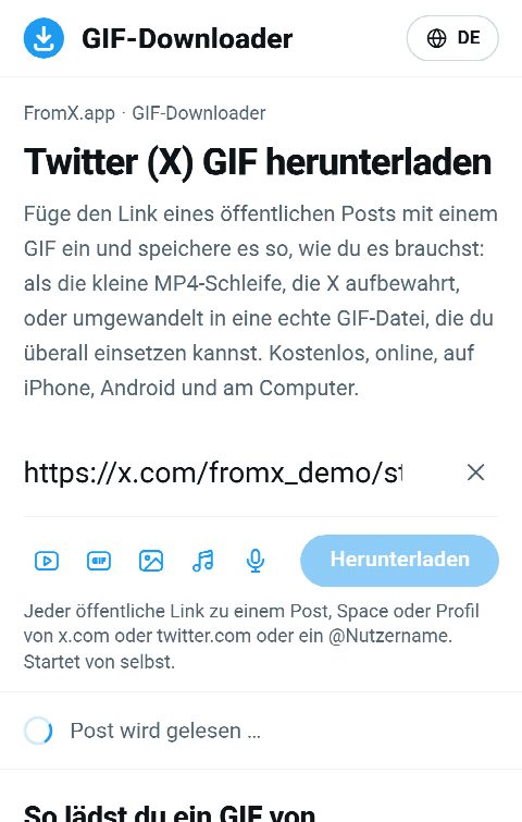 Der Link zum Post im Feld auf FromX.app, während das GIF gesucht wird
