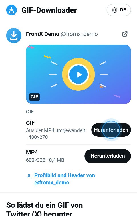 Die GIF-Karte auf FromX.app mit Buttons für das animierte GIF und die MP4