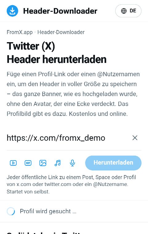 Der Link zum Profil im Feld auf FromX.app, während das Profil gesucht wird