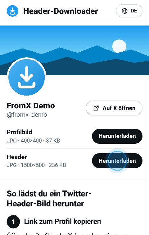 Die Profilkarte auf FromX.app mit dem Header oben und einem „Herunterladen“-Button dafür