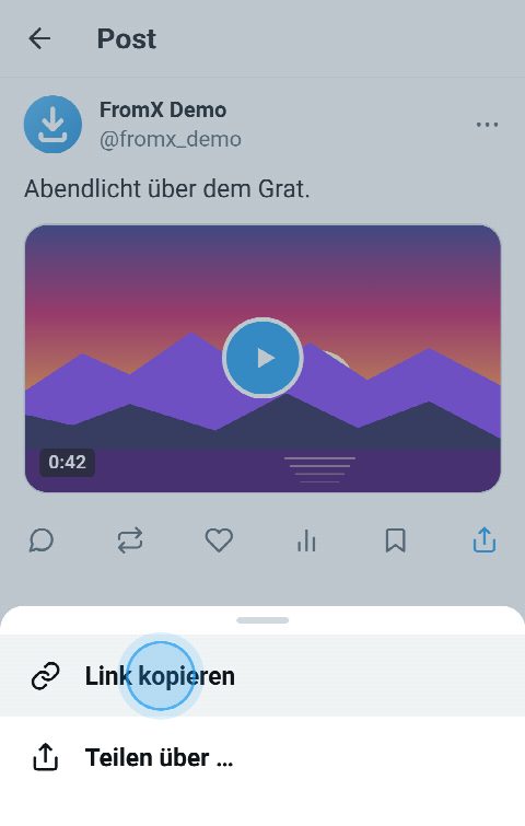 Ein Post mit Video auf X, das Teilen-Menü geöffnet und „Link kopieren“ ausgewählt