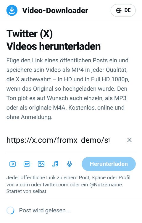 Der Link zum Post im Feld auf FromX.app, während das Video gesucht wird