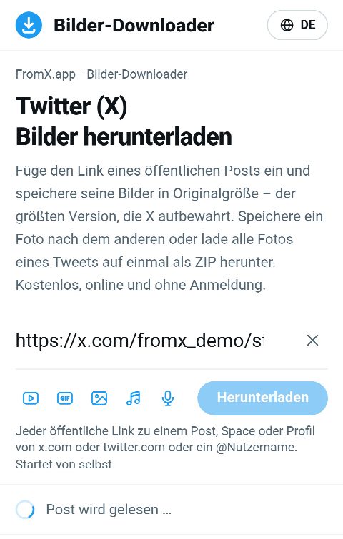 Der Link zum Post im Feld auf FromX.app, während die Fotos gesucht werden