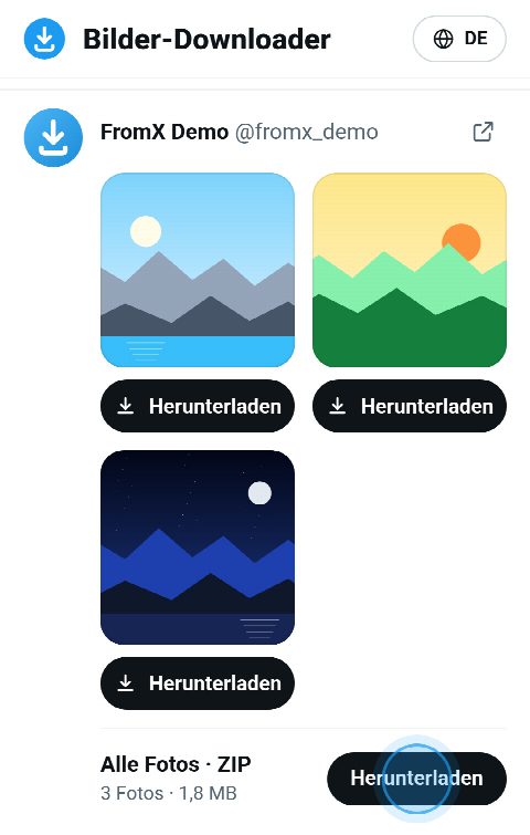 Drei Fotos auf FromX.app, jedes mit einem „Herunterladen“-Button, und ein ZIP mit allen