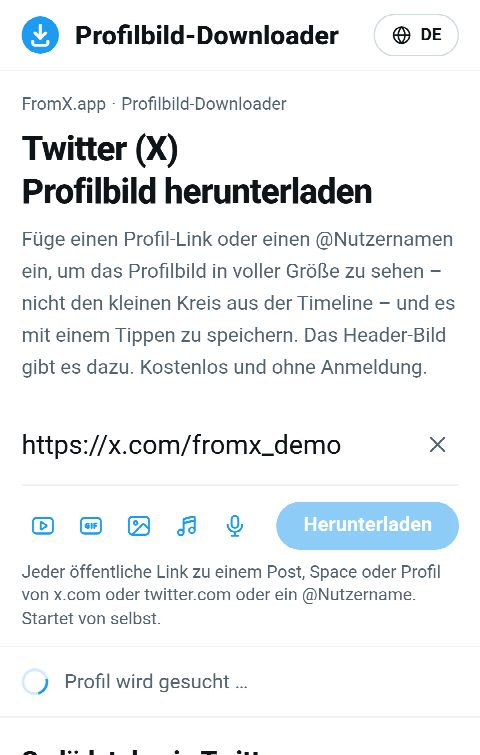 Der Link zum Profil im Feld auf FromX.app, während das Profil gesucht wird