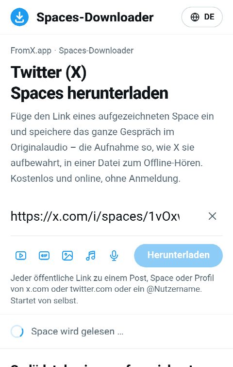 Der Link zum Space im Feld auf FromX.app, während die Aufnahme gesucht wird