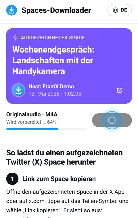 Die Space-Karte auf FromX.app, während die Aufnahme zusammengesetzt wird, der Balken bei 64 %