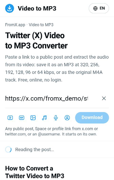 The post link pasted into the field on FromX.app while the sound is looked up