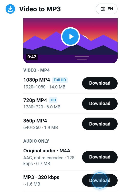 The sound of the video on FromX.app as the original M4A and as MP3 at 320 kbps