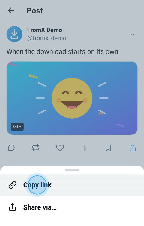 A post with a GIF on X, its share menu open and Copy link pressed