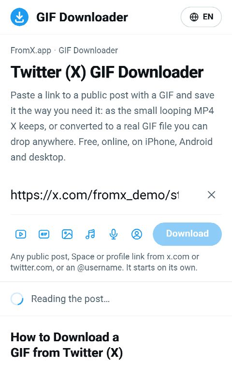 The post link pasted into the field on FromX.app while the GIF is looked up