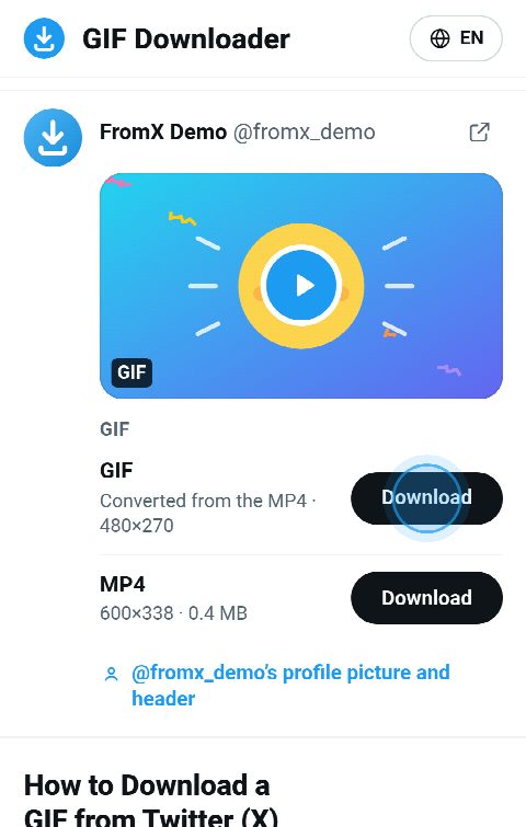 The GIF card on FromX.app with buttons for the animated GIF and the MP4