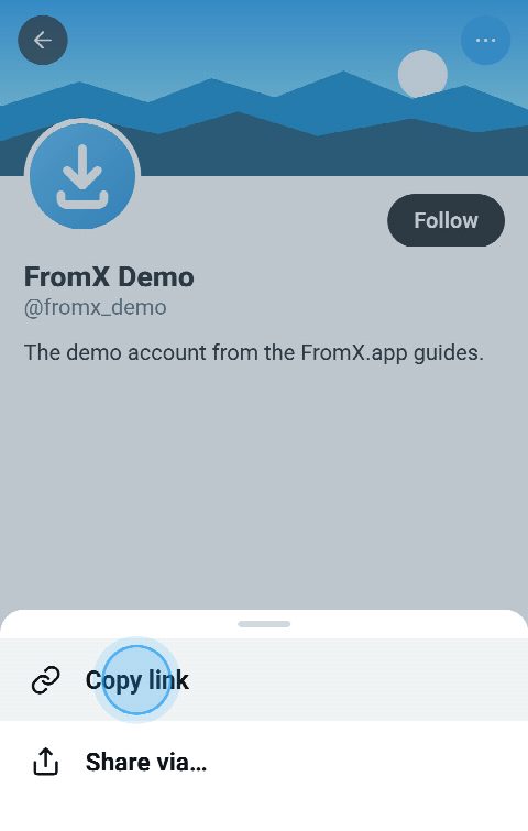 A profile on X with its menu open and Copy link pressed