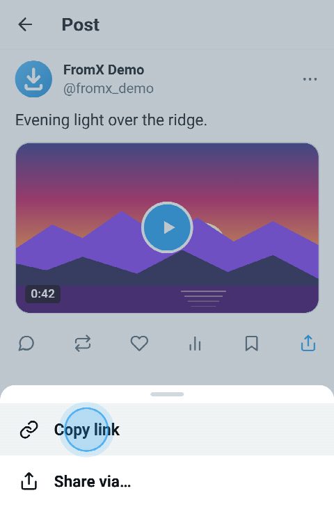 A post with a video on X, its share menu open and Copy link pressed