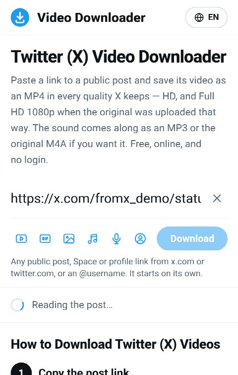 The post link pasted into the field on FromX.app while the video is looked up