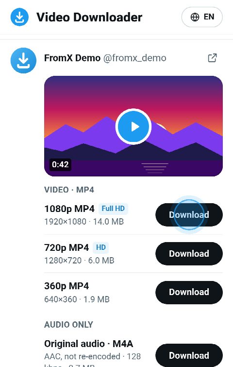 The video card on FromX.app with MP4 buttons in 1080p, 720p and 360p