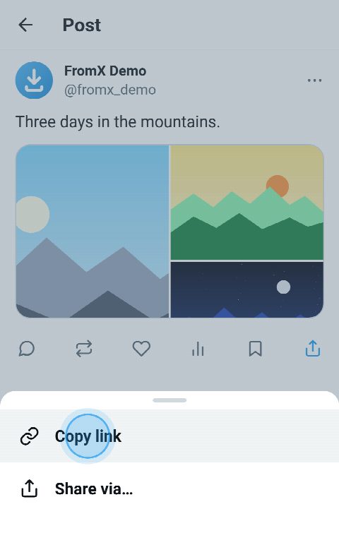 A post with three photos on X, its share menu open and Copy link pressed