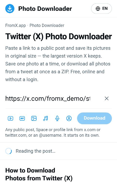 The post link pasted into the field on FromX.app while the photos are looked up