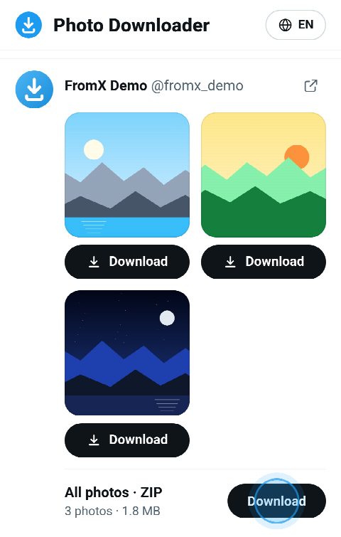 Three photos on FromX.app, each with a Download button, and a ZIP of all of them