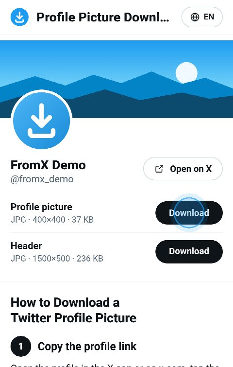 The profile card on FromX.app with Download buttons for the profile picture and the header