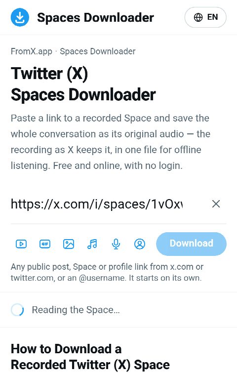 The Space link pasted into the field on FromX.app while the recording is looked up
