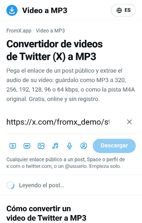 El enlace del post pegado en el campo de FromX.app mientras se busca el sonido