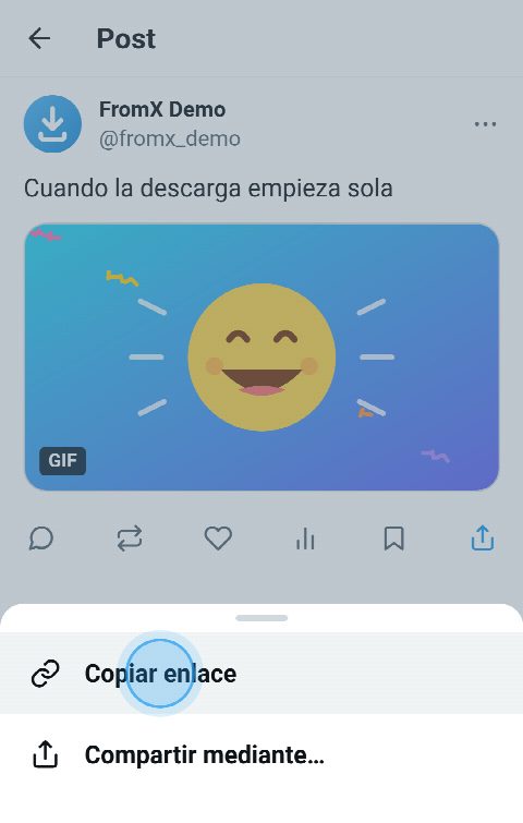 Un post con un GIF en X, con el menú de compartir abierto y «Copiar enlace» seleccionado