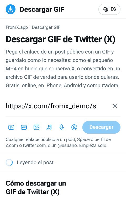El enlace del post pegado en el campo de FromX.app mientras se busca el GIF