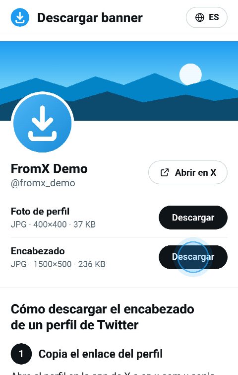 La tarjeta del perfil en FromX.app con el encabezado arriba y un botón «Descargar» para él