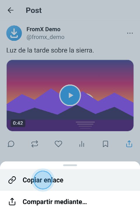 Un post con video en X, con el menú de compartir abierto y «Copiar enlace» seleccionado