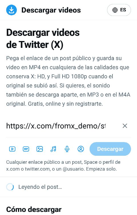 El enlace del post pegado en el campo de FromX.app mientras se busca el video