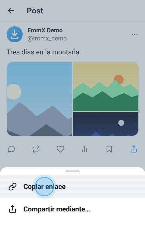 Un post con tres fotos en X, con el menú de compartir abierto y «Copiar enlace» seleccionado