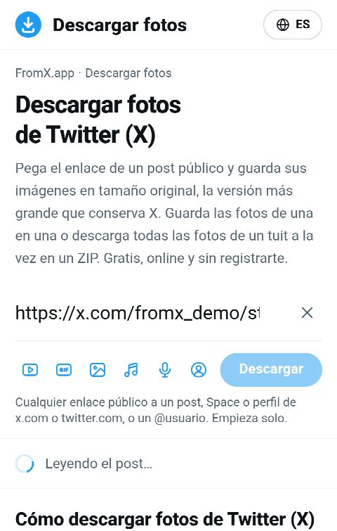 El enlace del post pegado en el campo de FromX.app mientras se buscan las fotos