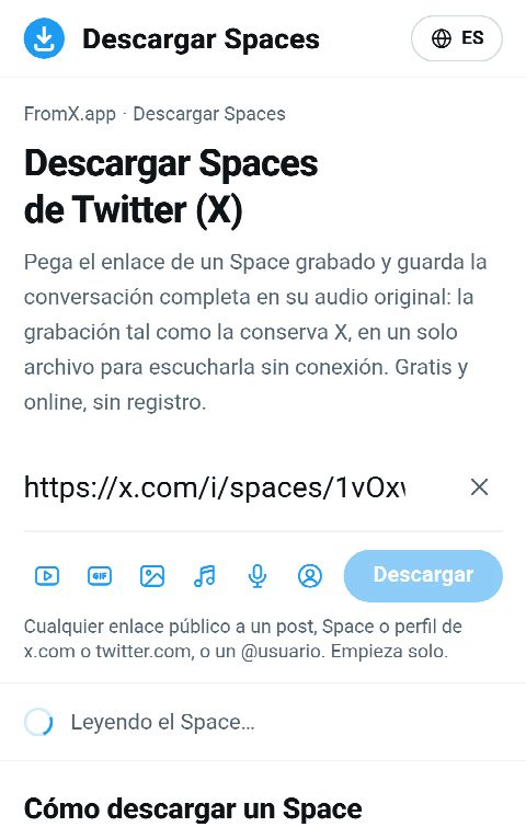 El enlace del Space pegado en el campo de FromX.app mientras se busca la grabación