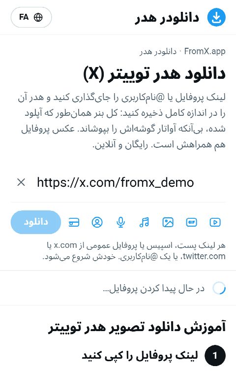 لینک پروفایل در کادر FromX.app جای‌گذاری شده و پروفایل در حال جست‌وجوست
